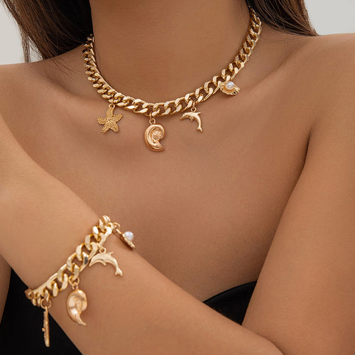 Creative Boho Conch Dolphin Starfish Pendant Choker Necklace Bracelets