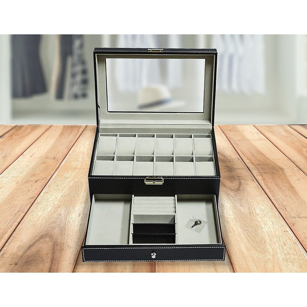 Boîte de rangement pour montres et bijoux en cuir à 12 compartiments